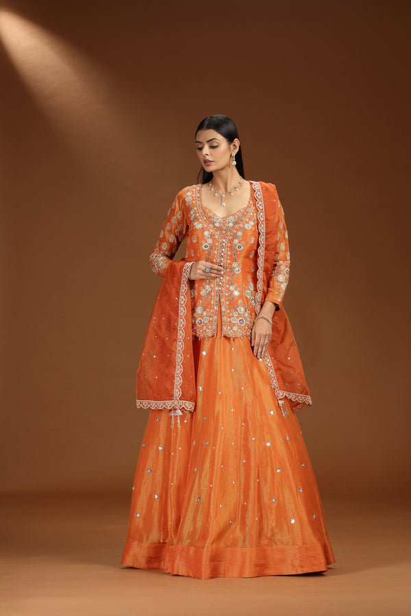 Orange Satin Silk Lehenga with Organza Dupatta