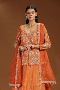 Woman wearing an orange embroidered traditional orange satin silk lehenga