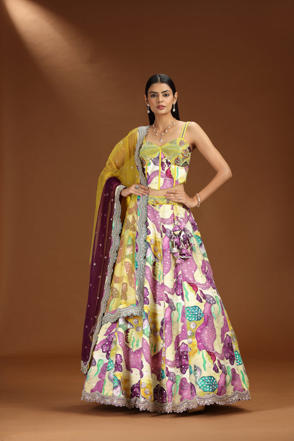 Multicolour Art Raw Silk Lehenga with Pure Raw Silk Blouse and Net Dupatta