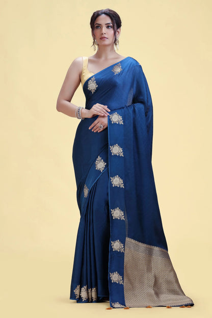 Navy Blue Dola Silk Saree with Gold Embroidery