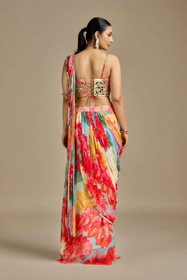 Multicoloured Georgette Stitched Saree