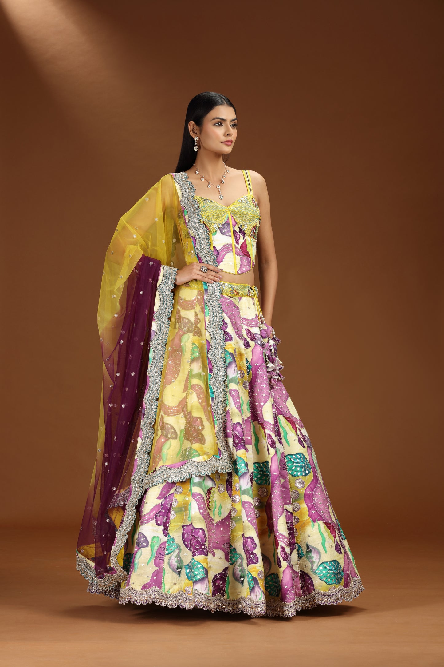Multicolour Art Raw Silk Lehenga with Pure Raw Silk Blouse and Net Dupatta