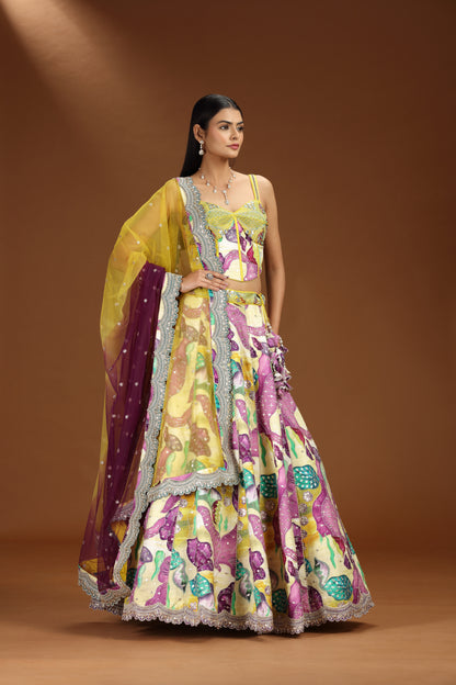 Multicolour Art Raw Silk Lehenga with Pure Raw Silk Blouse and Net Dupatta