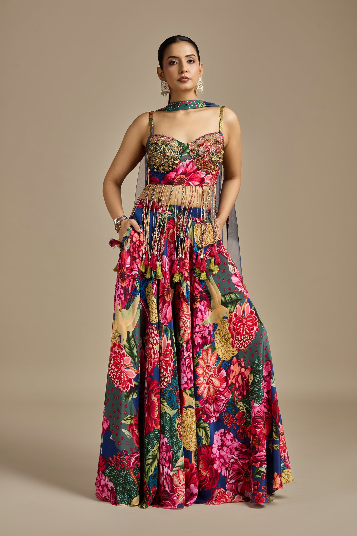 Multicoloured Crepe Suit Set with Mirror, Sequins, Cutdana & Pearls Work