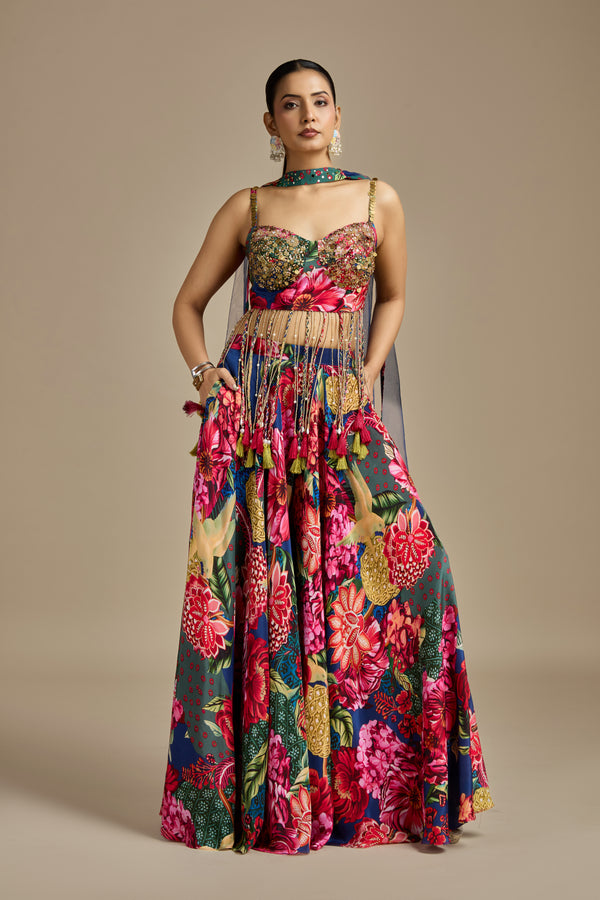 Multicoloured Crepe Suit Set with Mirror, Sequins, Cutdana & Pearls Work