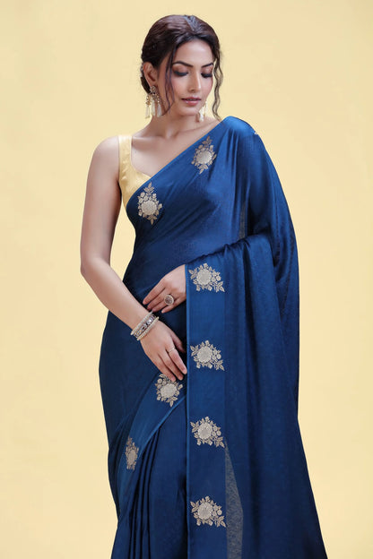 Navy Blue Dola Silk Saree with Gold Embroidery