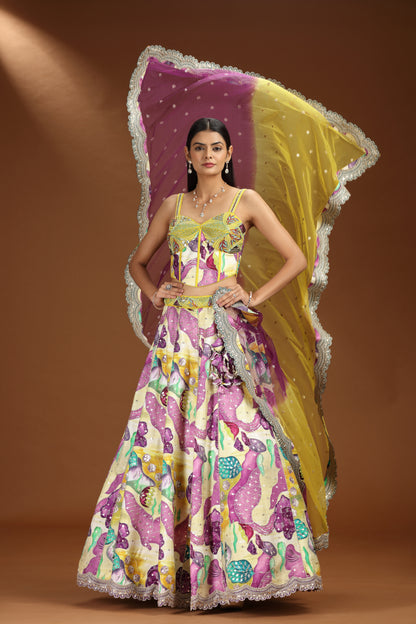 Multicolour Art Raw Silk Lehenga with Pure Raw Silk Blouse and Net Dupatta