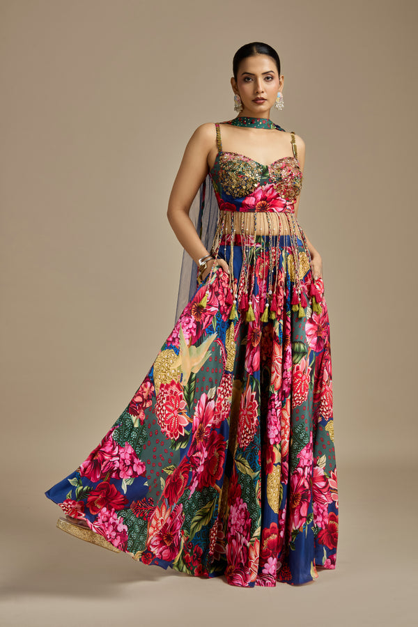 Multicoloured Crepe Suit Set with Mirror, Sequins, Cutdana & Pearls Work