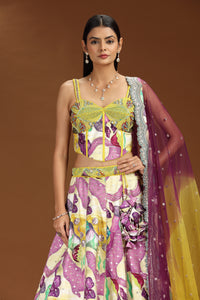 Woman wearing a colorful art silk lehenga 