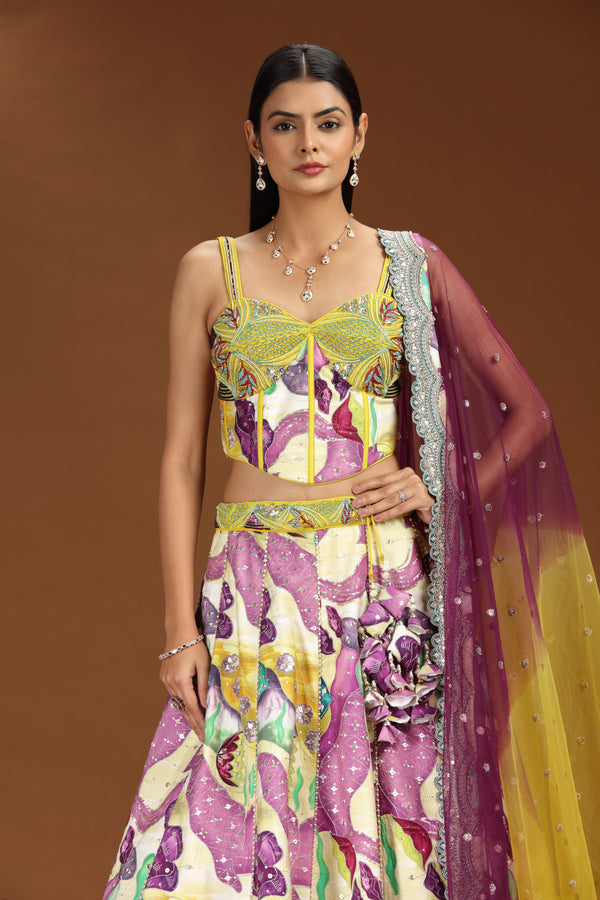 Multicolour Art Raw Silk Lehenga with Pure Raw Silk Blouse and Net Dupatta