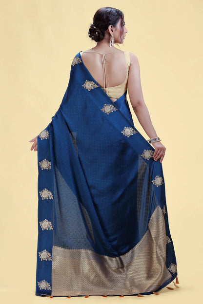 Navy Blue Dola Silk Saree with Gold Embroidery