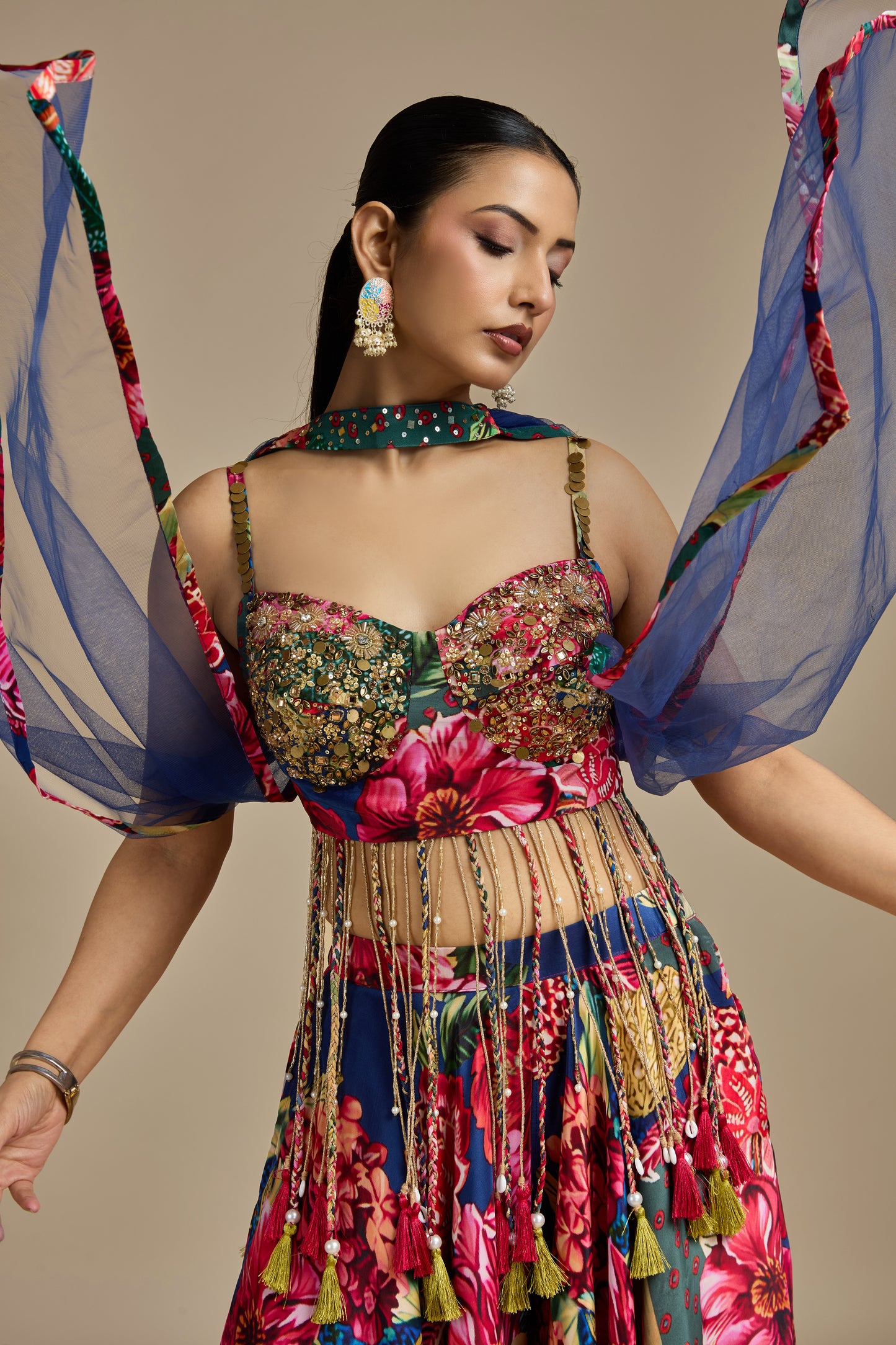Multicoloured Crepe Suit Set with Mirror, Sequins, Cutdana & Pearls Work