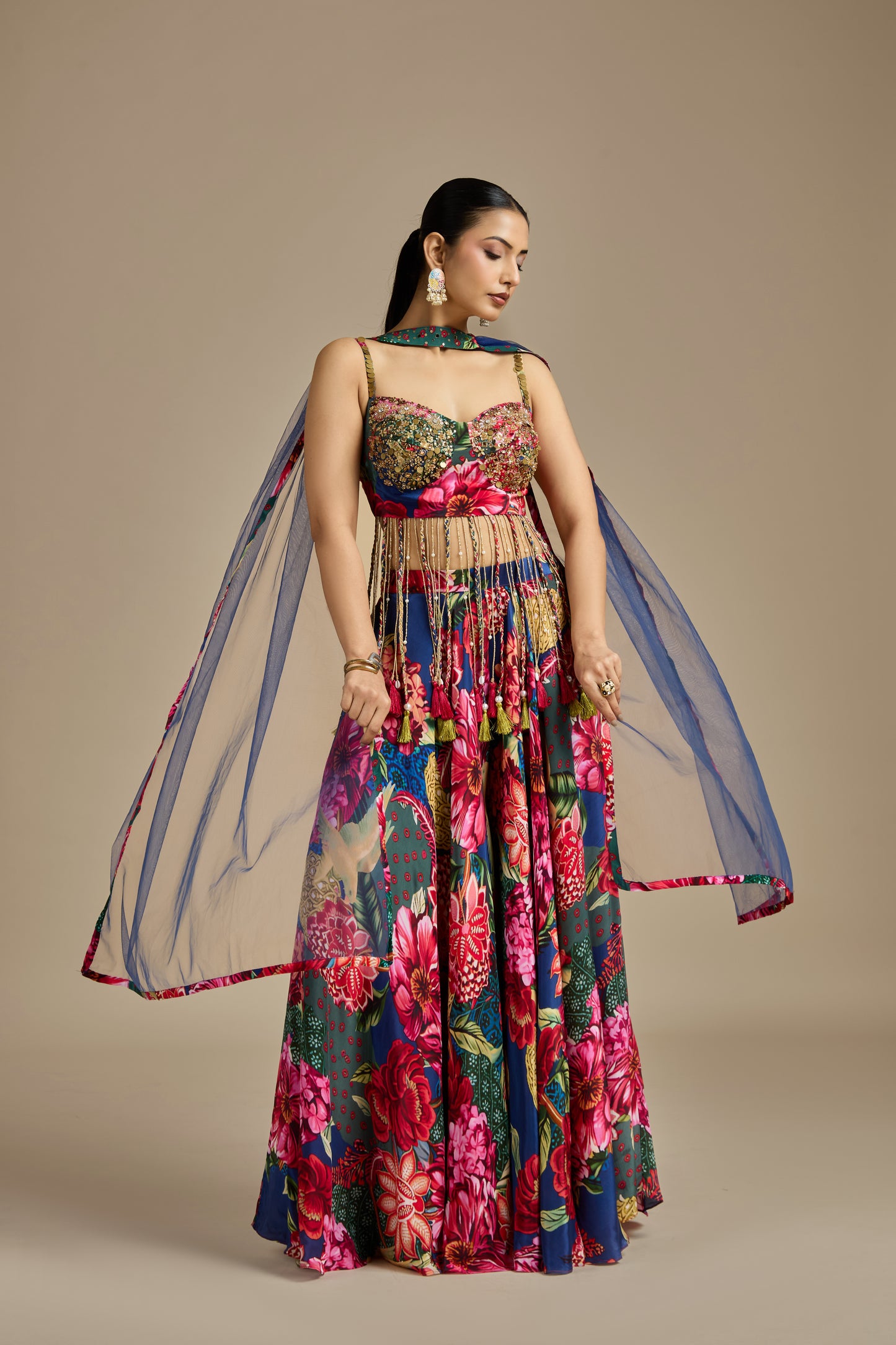 Multicoloured Crepe Suit Set with Mirror, Sequins, Cutdana & Pearls Work
