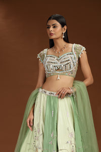 Woman wearing a traditional outfit with a green lehenga and silver blouse against a brown background