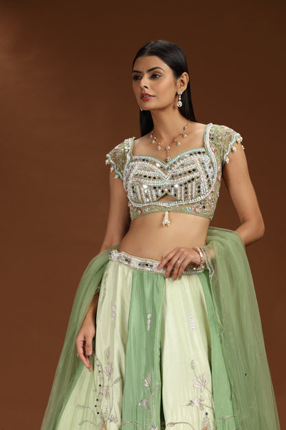 Green Satin Silk Lehenga with Green Net Blouse and Green Net Dupatta