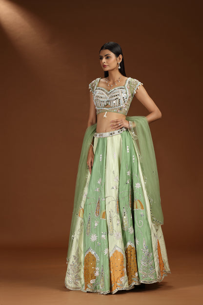 Green Satin Silk Lehenga with Green Net Blouse and Green Net Dupatta