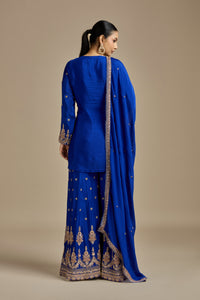 Blue Satin Silk Suit Set with Sequins, Thread Work, Cutdana, Resham & Zari Work