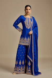 Blue Satin Silk Suit Set with Sequins, Thread Work, Cutdana, Resham & Zari Work