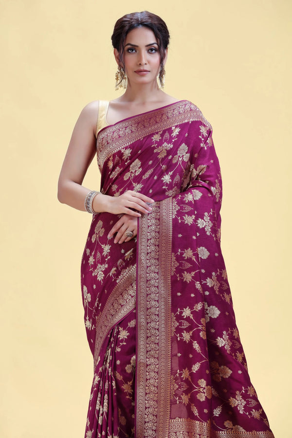 Wine Dola Silk Saree with Gold Floral Weaving
