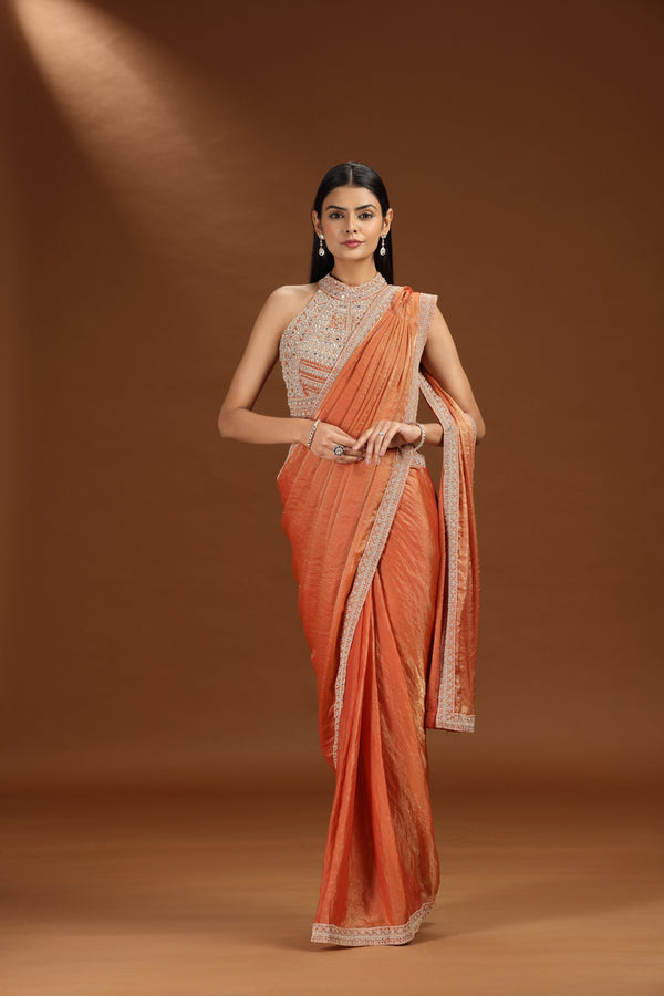 Rust Orange Pre-Stitched Crepe Saree with Mirror Work Blouse