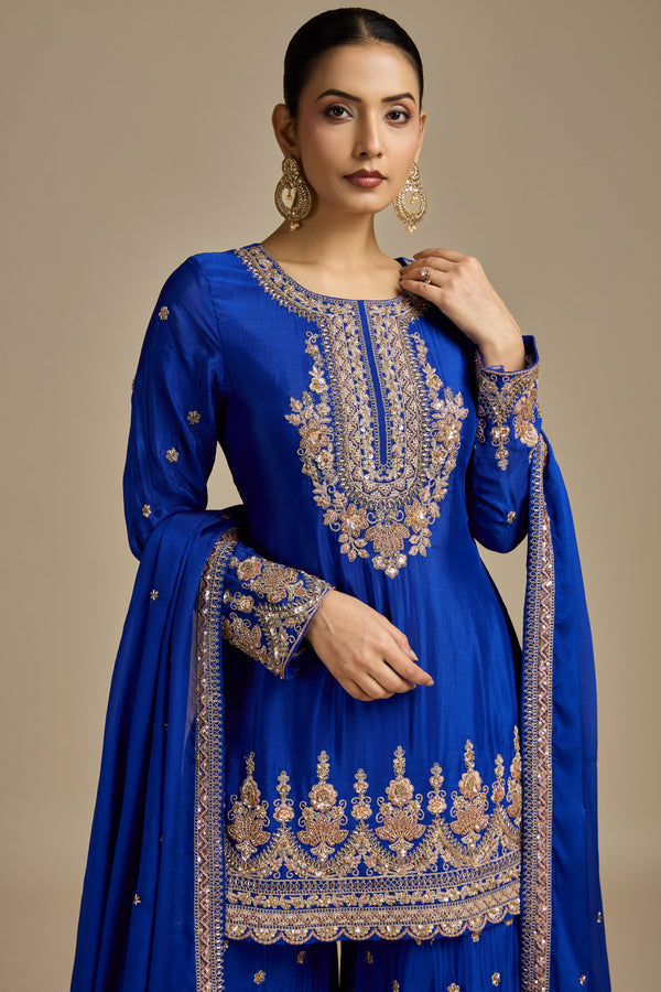 Blue Satin Silk Suit Set with Sequins, Thread Work, Cutdana, Resham & Zari Work