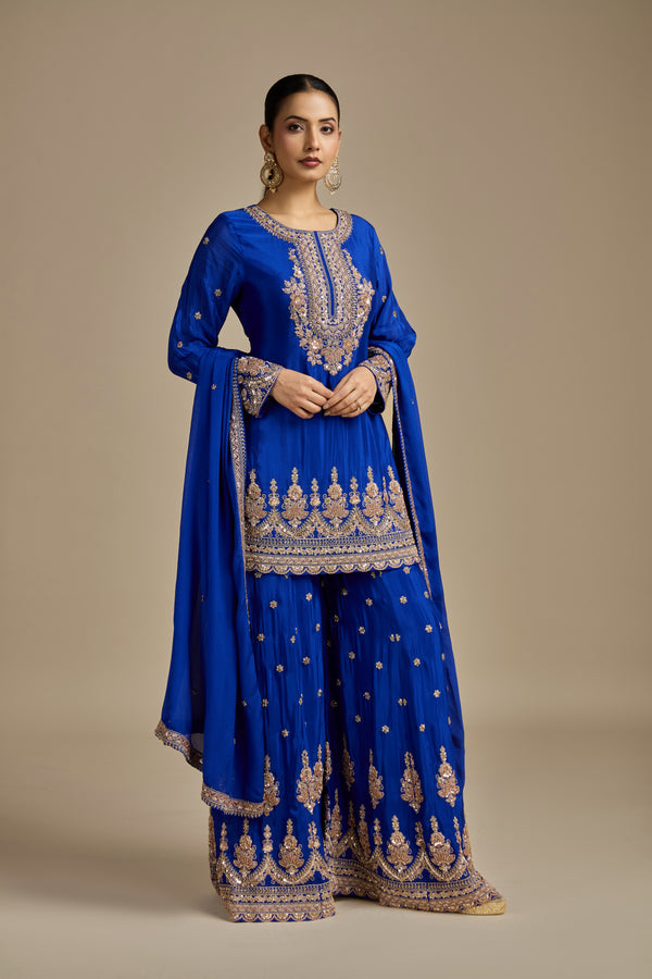 Blue Satin Silk Suit Set with Sequins, Thread Work, Cutdana, Resham & Zari Work