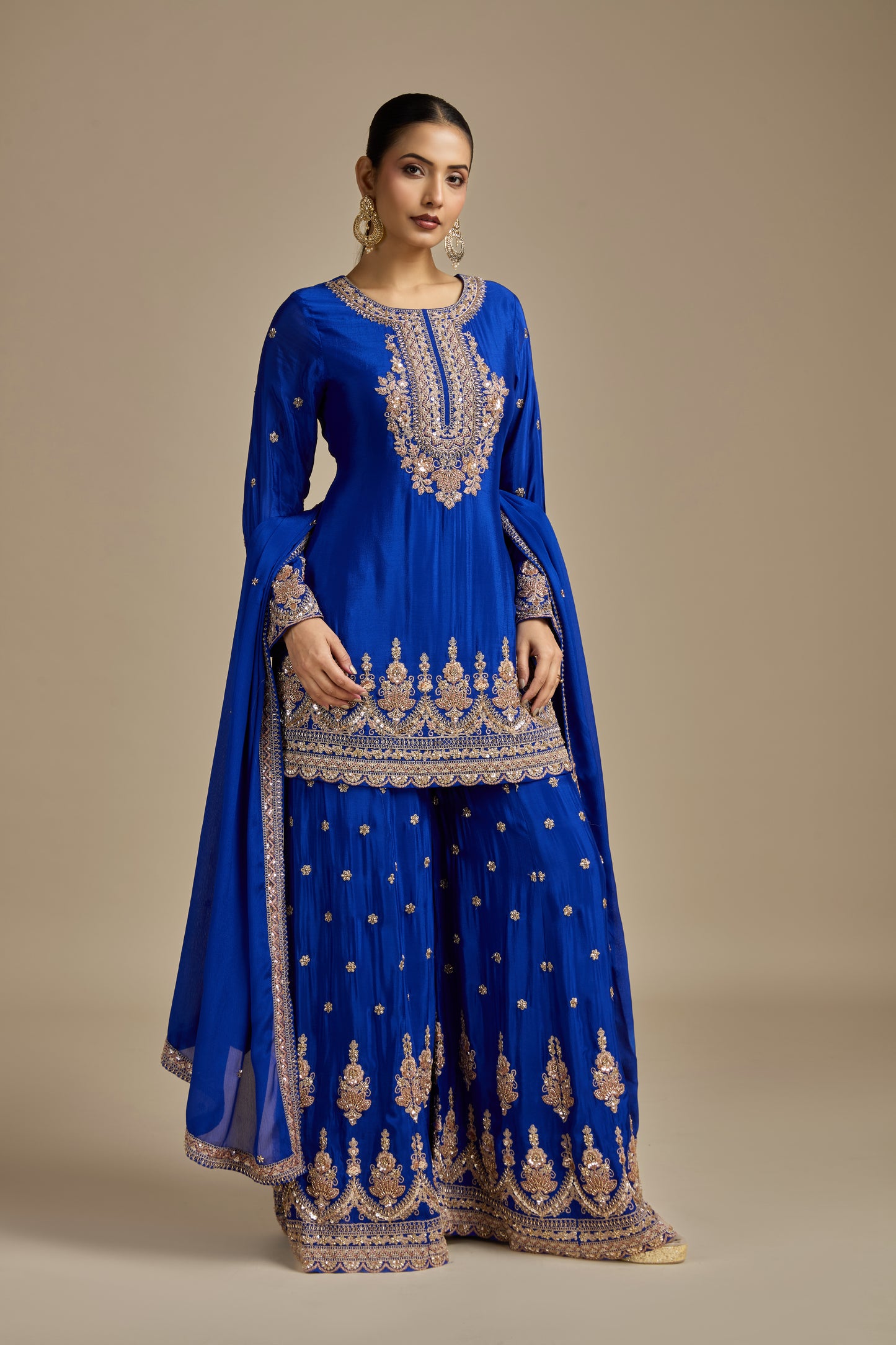 Blue Satin Silk Suit Set with Sequins, Thread Work, Cutdana, Resham & Zari Work