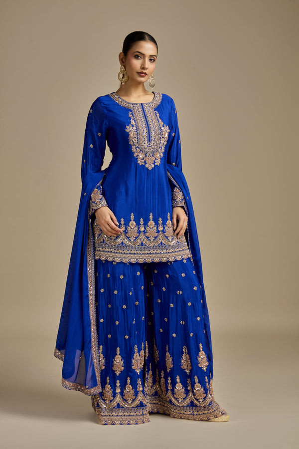 Blue Satin Silk Suit Set with Sequins, Thread Work, Cutdana, Resham & Zari Work