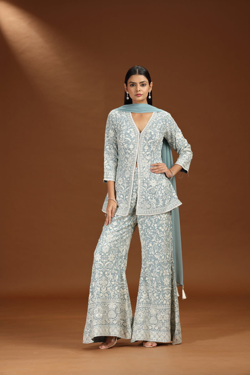 Blue Georgette Set with Net Dupatta and Intricate Embroidery