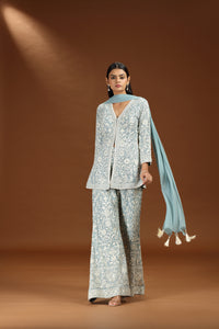 Blue Georgette Set with Net Dupatta and Intricate Embroidery