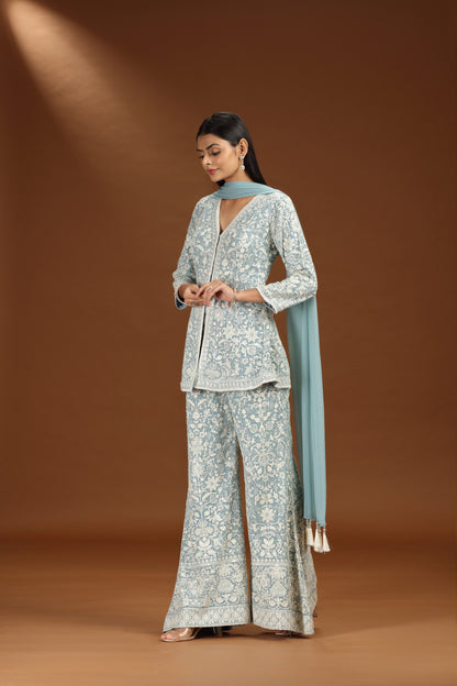Blue Georgette Set with Net Dupatta and Intricate Embroidery