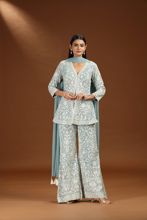 Blue Georgette Set with Net Dupatta and Intricate Embroidery