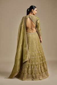 Mehendi Green Tissue Lehenga with Sequins, Cutdana & Zari Work