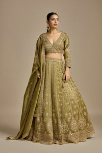 Mehendi Green Tissue Lehenga with Sequins, Cutdana & Zari Work