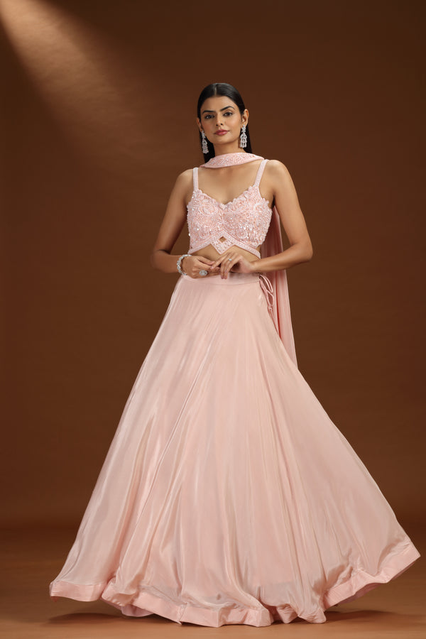 Pink Crepe Legenga Set with Net Blouse