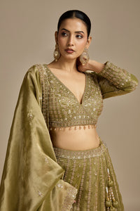 Mehendi Green Tissue Lehenga with Sequins, Cutdana & Zari Work