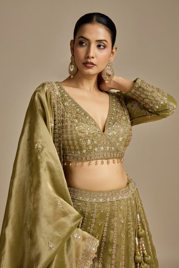 Mehendi Green Tissue Lehenga with Sequins, Cutdana & Zari Work
