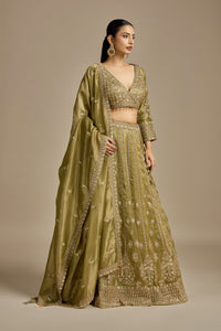 Mehendi Green Tissue Lehenga with Sequins, Cutdana & Zari Work