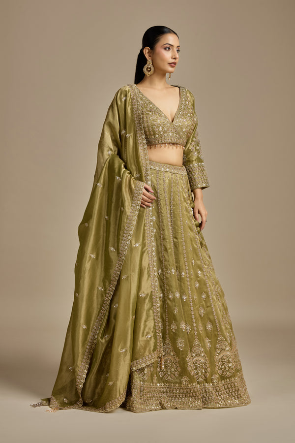 Mehendi Green Tissue Lehenga with Sequins, Cutdana & Zari Work