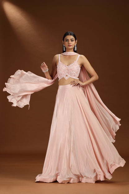 Pink Crepe Legenga Set with Net Blouse