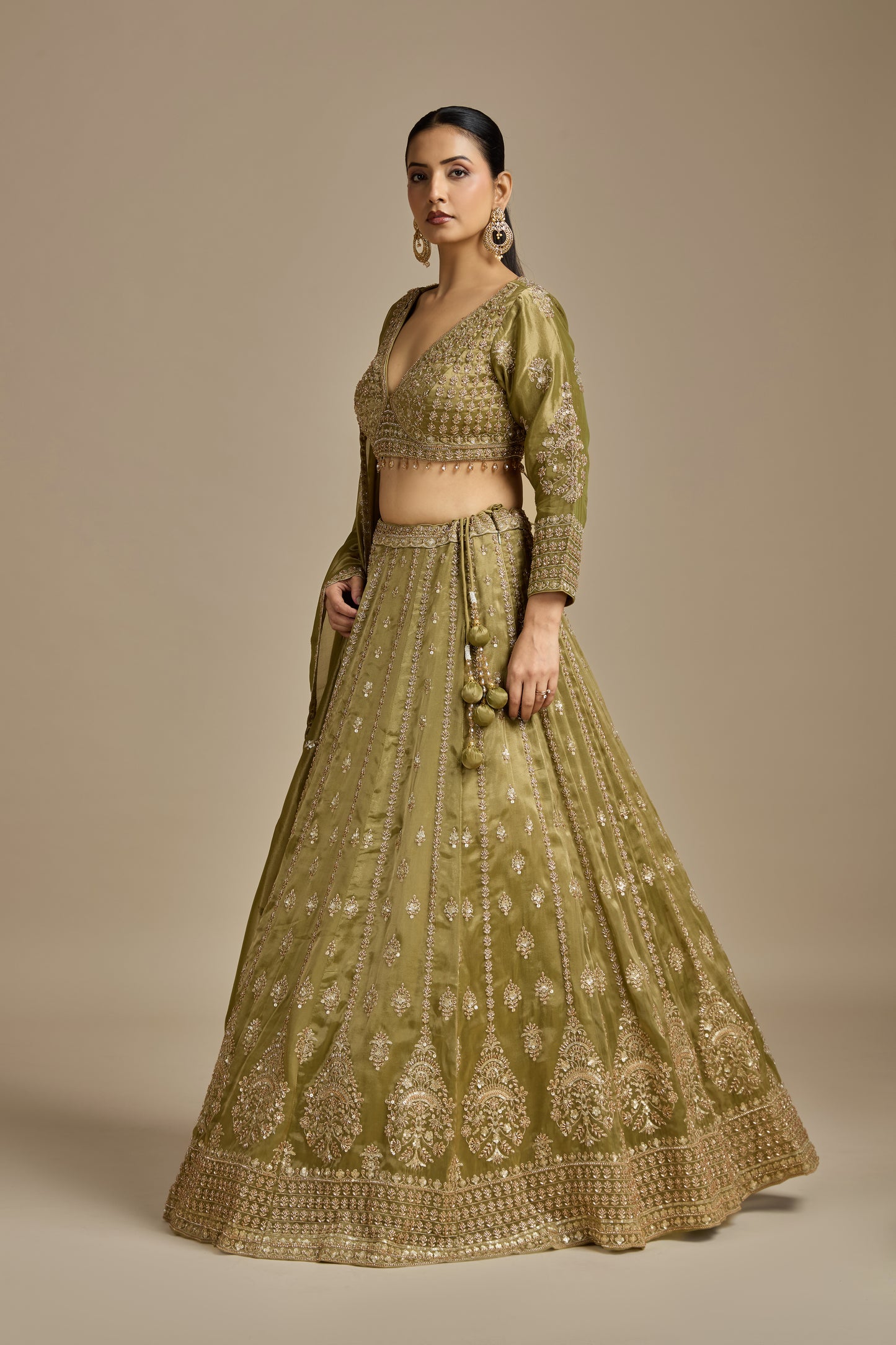 Mehendi Green Tissue Lehenga with Sequins, Cutdana & Zari Work