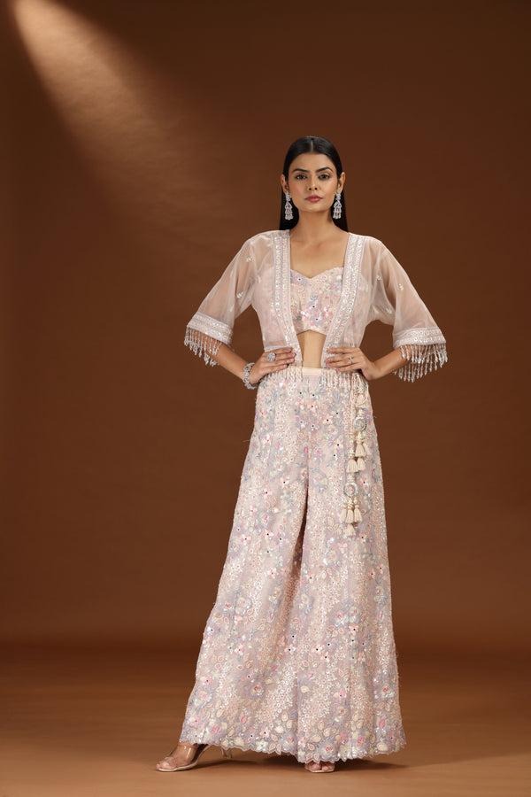 Pink Net Salwar Suit with Abla and Zari Embroidery