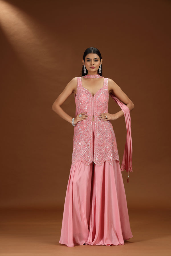 Pink Net and Crepe Salwar Suit with Moti and Stone Embellishments