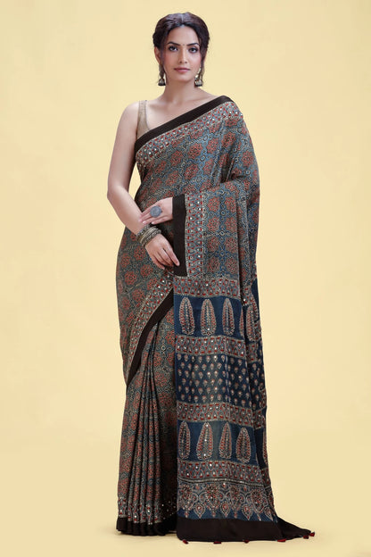 Deep Blue Satin Silk Saree with Unstitched Blouse