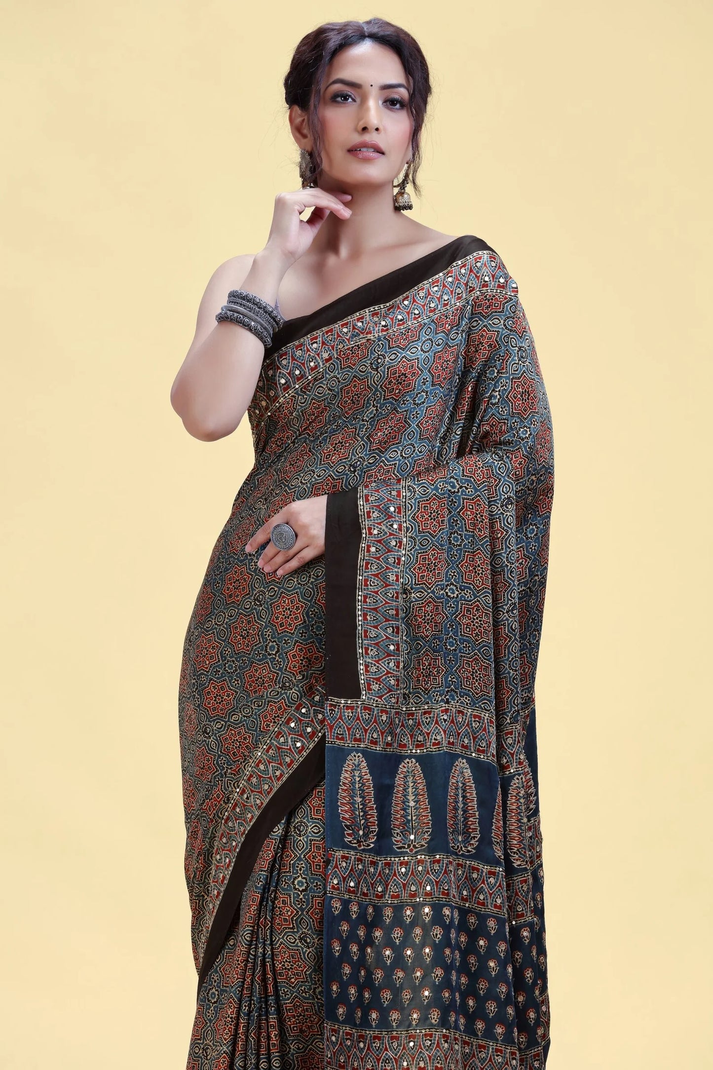 Deep Blue Satin Silk Saree with Unstitched Blouse