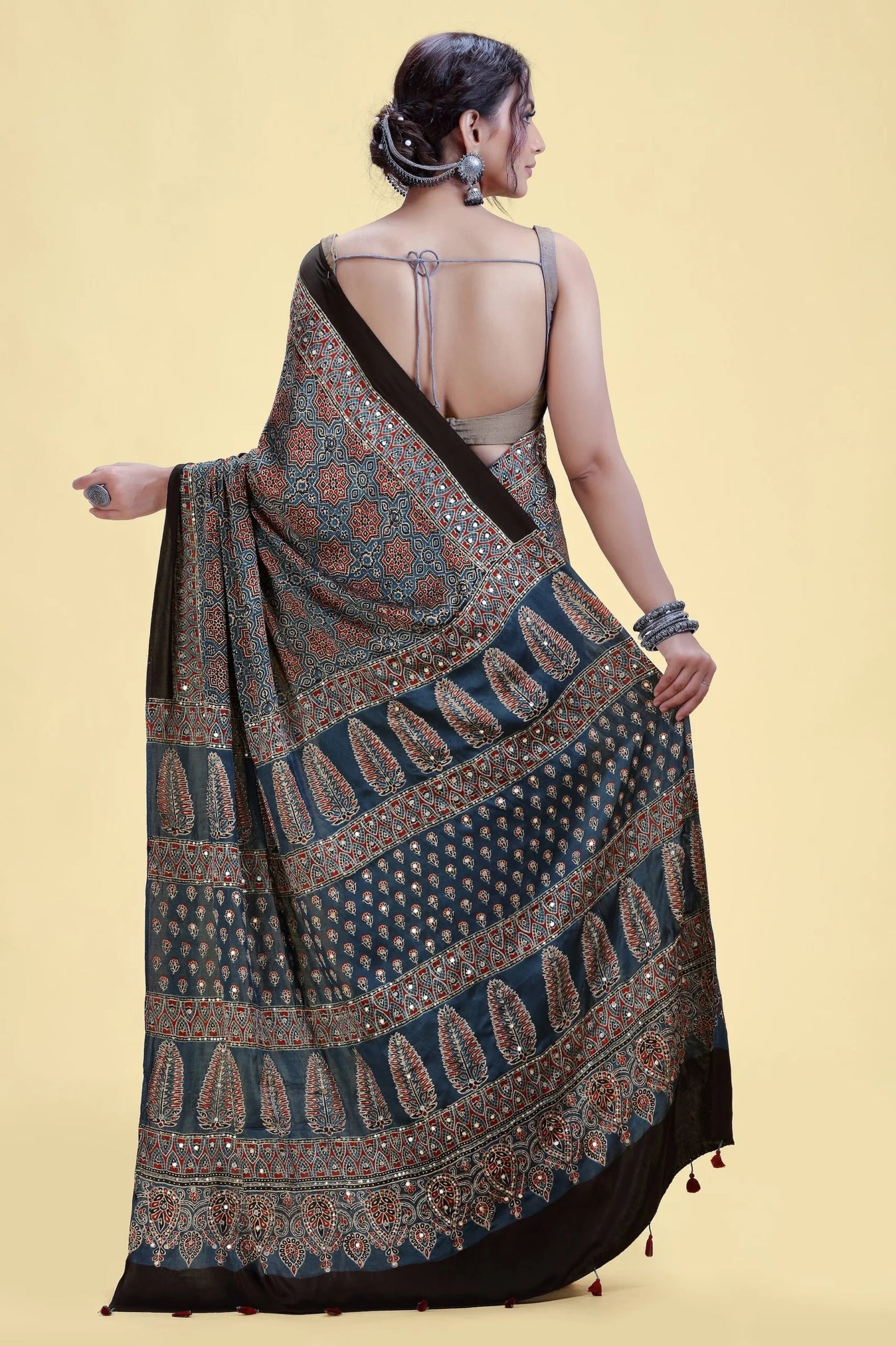 Deep Blue Satin Silk Saree with Unstitched Blouse
