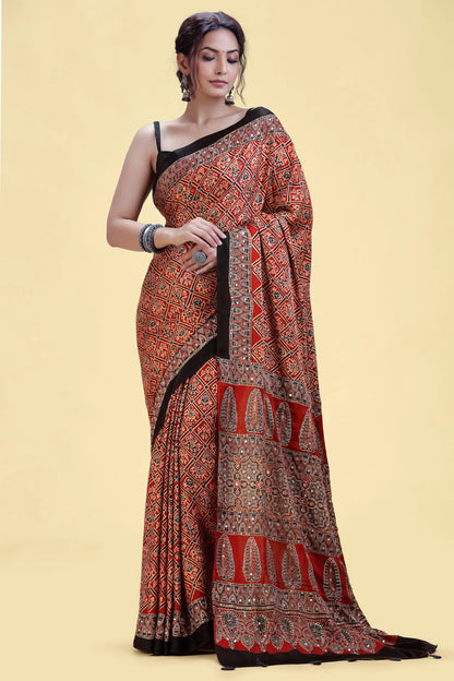 Rust Red Satin Silk Saree with Blue Folk Print & Hand Embellishment