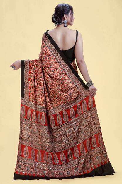 Rust Red Satin Silk Saree with Blue Folk Print & Hand Embellishment