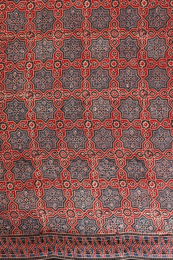 Rust Red Satin Silk Saree with Blue Folk Print & Hand Embellishment