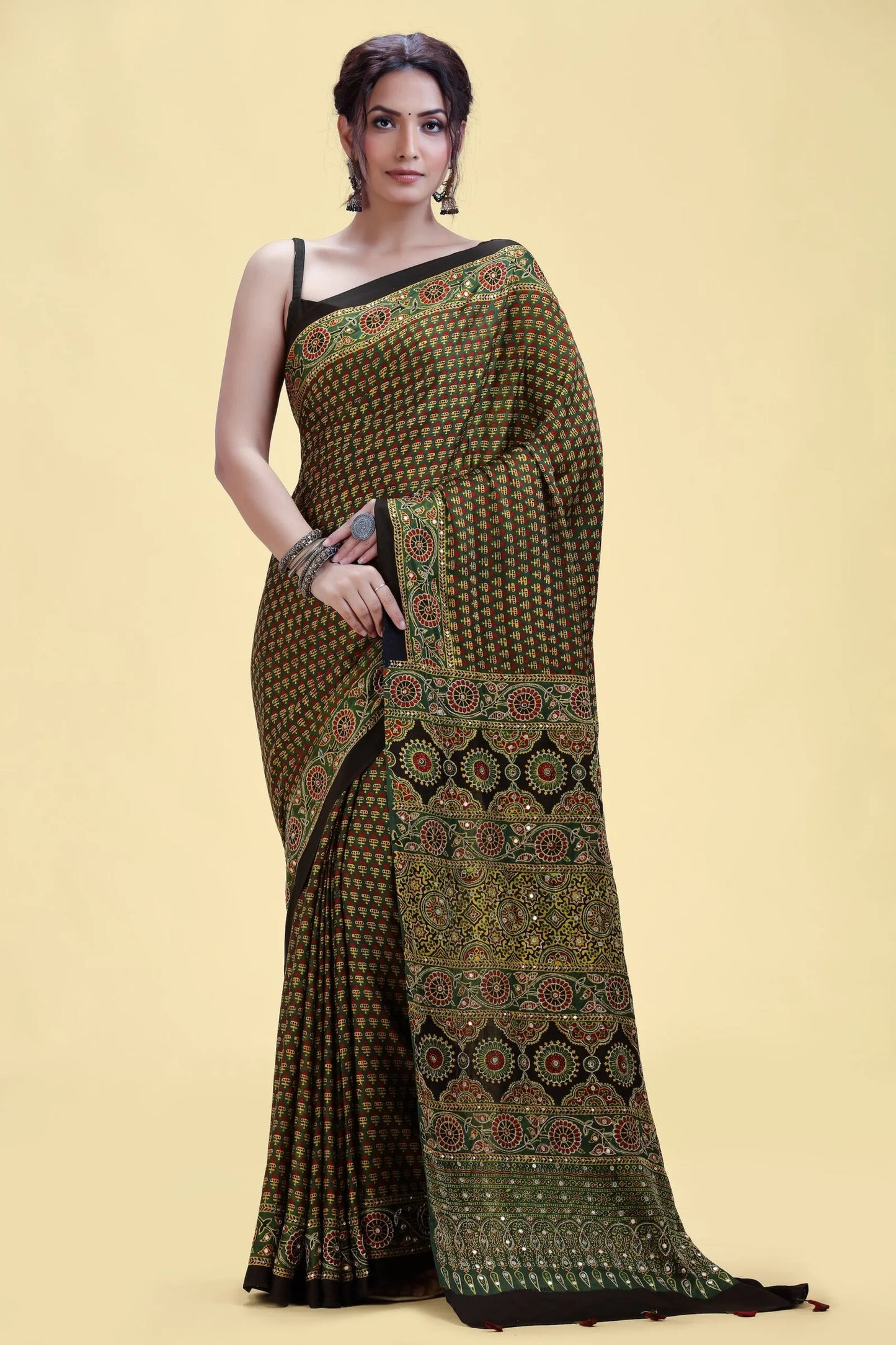 Forest Green Printed Crepe Saree with Abla & Pitta Work